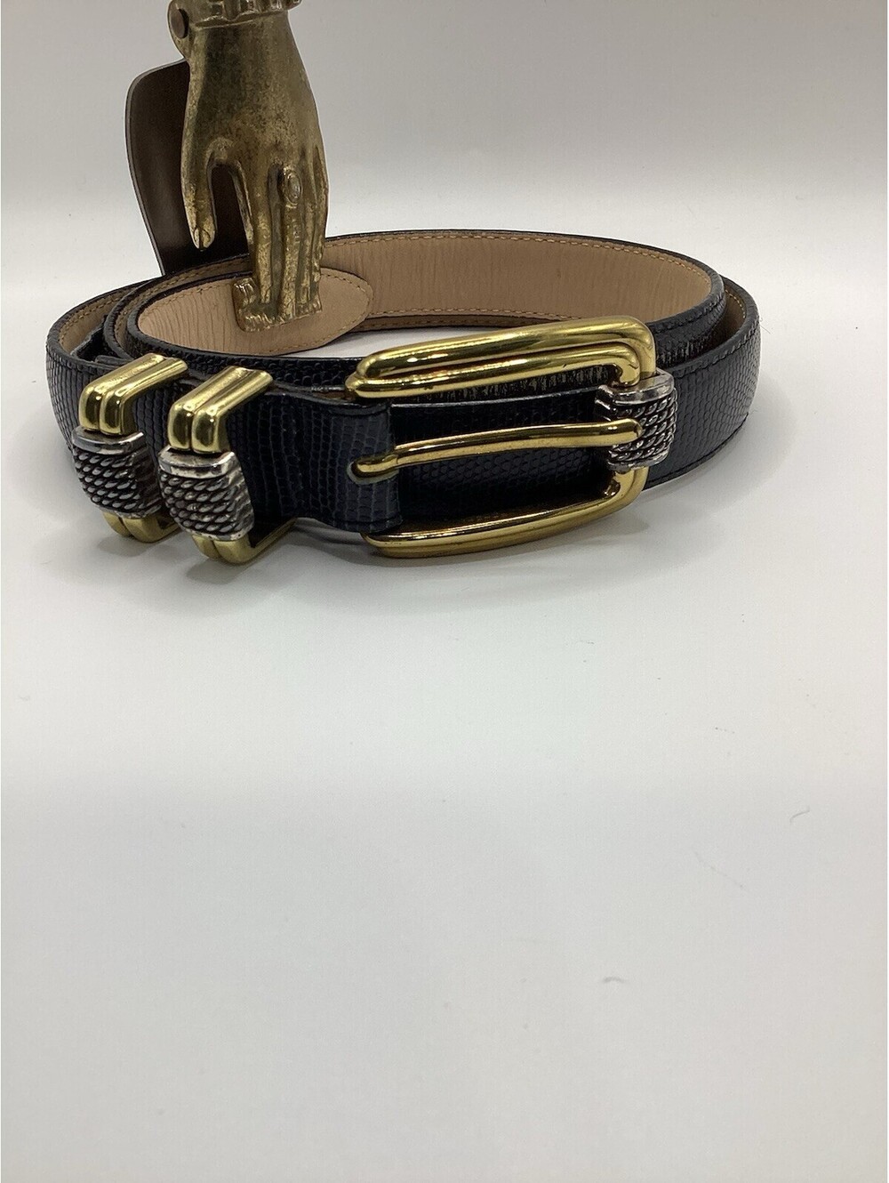 BRIGHTON Belt Black Genuine Leather Gold Silver Tone Decorative Buckle Size L 34